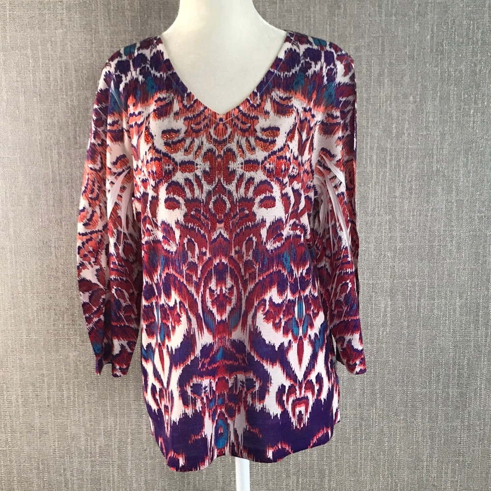 CHICOS Patterned Rhinestone 3/4 Sleeved Blouse